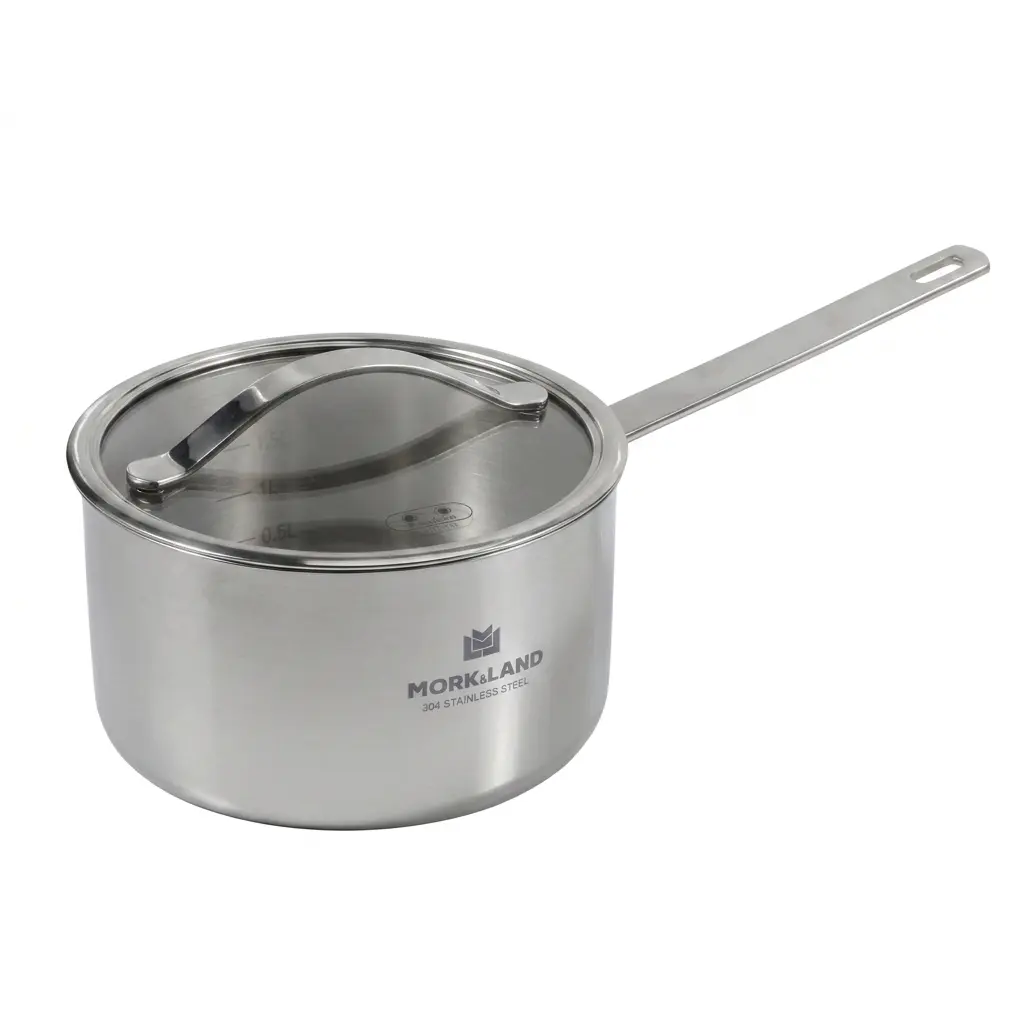 304 Food-Grade Stainless Steel Small Saucepan - 2 Qt (18cm) Kitchen Cookware with Transparent Glass Lid, Long Handle, Dual Air Vents, Measurement Markings, Scale, Hanging Design, Ideal for Heating Milk, Preparing Baby Food