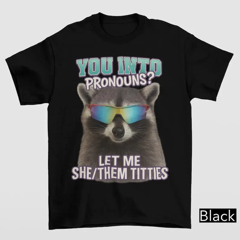 Women's Short-Sleeve Casual Vintage Unhinged Raccoon T-Shirt - "You Into Pronouns? Let Me She/Them Titt*es" Inappropriate Dark Humor Meme Shirt, Shortsleeve