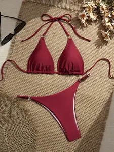 Women's New Halter Tie Sexy Triangle Cup Two-Piece Bikini Set, Perfect for Beach Sea Pool, Triangle Bikini Top