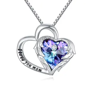 I Love You Mom Heart Necklace with Crystal, 925 Sterling Silver Pendant Necklace Mother's Day Gift, Anniversary Birthday Jewelry Gifts for Women