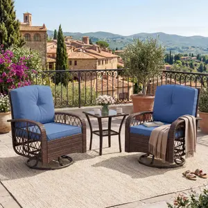 3-Piece Wicker Patio Swivel Rocker Chair Set - 360° Swivel, Thick Cushions, High Backrest with Tempered Glass Table for Deck, Porch, Backyard,Garden