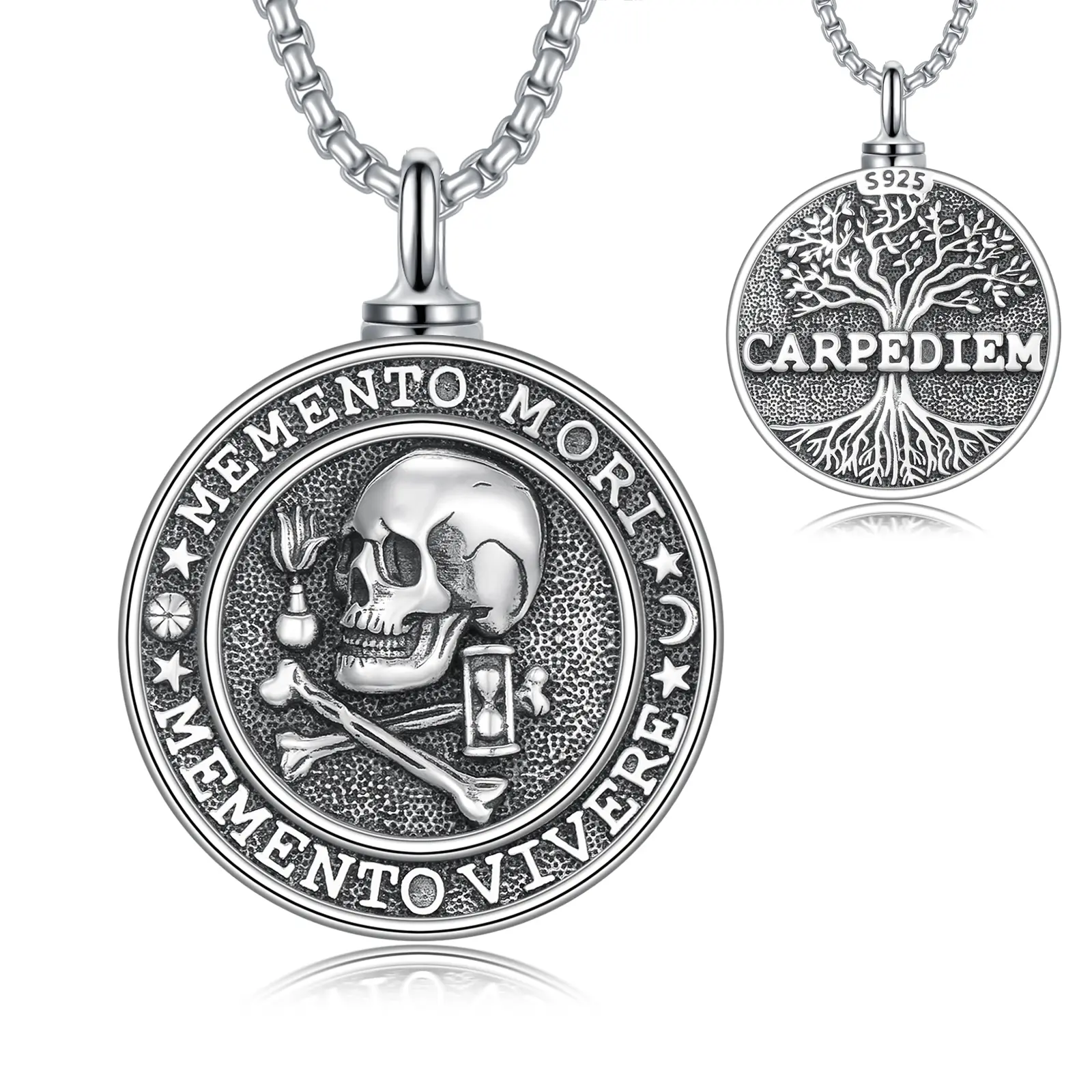 MEIDERBO Dream Chaser Memento Mori Urn Necklace - 925 Sterling Silver Oxidized Gothic Beaded Pendant, Captain Style 22+2 in Stainless Steel Chain - Artistic Statement Piece for Gothic & Stainless Steel Necklace Enthusiasts, Stainless Steel Necklaces, Goth