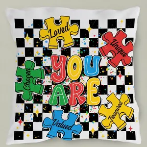 [Pillow Cover ONLY] Preppy Autism Awareness Pillow Case, You Are Unique Loved Valued Treasured Design, Autism Puzzle Mom Gift, Home Decor Cushion