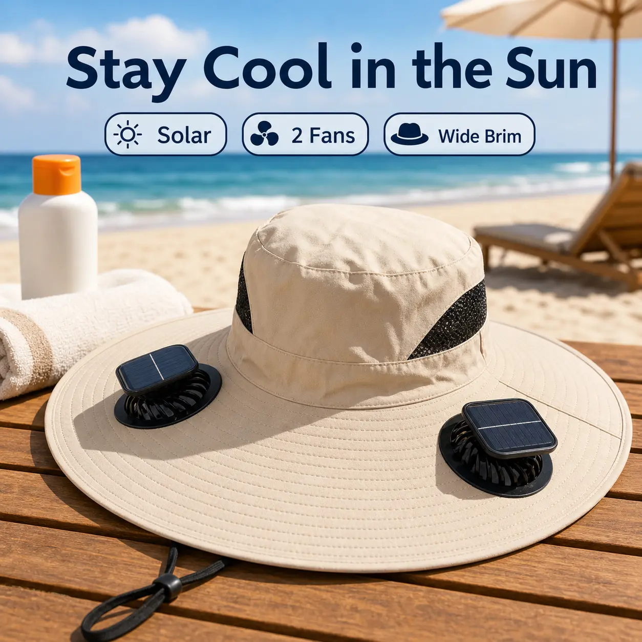 Solar Fan Hat with Dual Cooling Fans, Wide Brim UPF 50+ Fishing Bucket Hat for Men and Women, USB Rechargeable 3 Speed Hands Free Cooling Hat for Beach, Hiking, Camping, Gardening and Travel