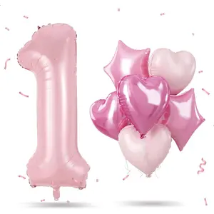 40 Inch Pastel Pink 1 Balloon, Large Pink One Balloon Number with Heart Star Foil Balloon Princess Party Decor, Number 1 Helium Balloons Set for Girls 1st Birthday Party Shower Decorations
