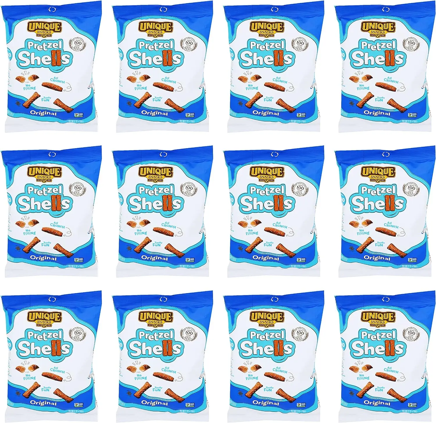Unique Snacks Original Pretzel Shells, Delicious Homestyle Baked Snack Bag, Vegan, OU Kosher, and Non-GMO Food, No Artificial Flavor, 2.12 Oz. Bag, Pack of 12 pretzels