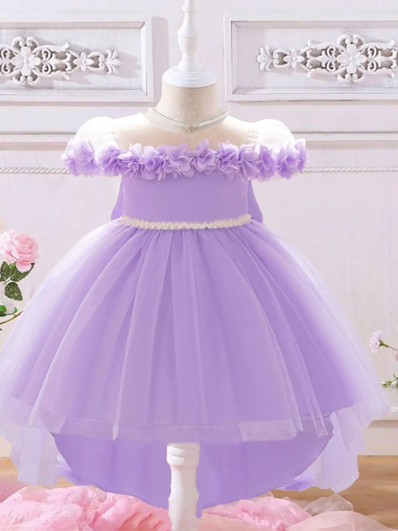 Baby Girl's Floral Appliques Rhinestone Decor Tulle Dress, Elegant Bow Back High Low Hem Fit & Flare Dress for Party Wedding Guest, Infant Toddler Kid