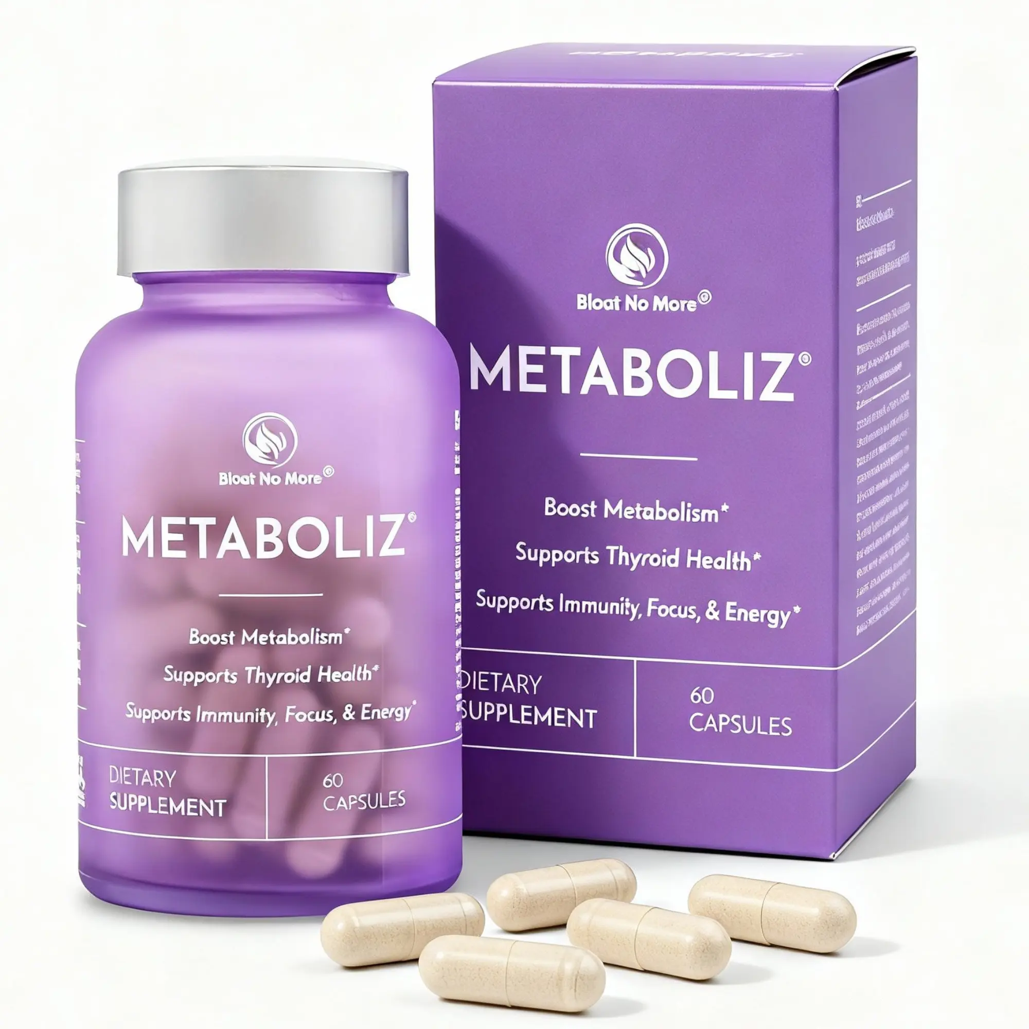 Bloat No More Metaboliz I Metabolism Booster for Women, Thyroid Support Supplement with Selenium, Iodine, B12 & Zinc I Supports Energy, Focus, Immunity & Digestion, Gluten-Free. 60 Capsules