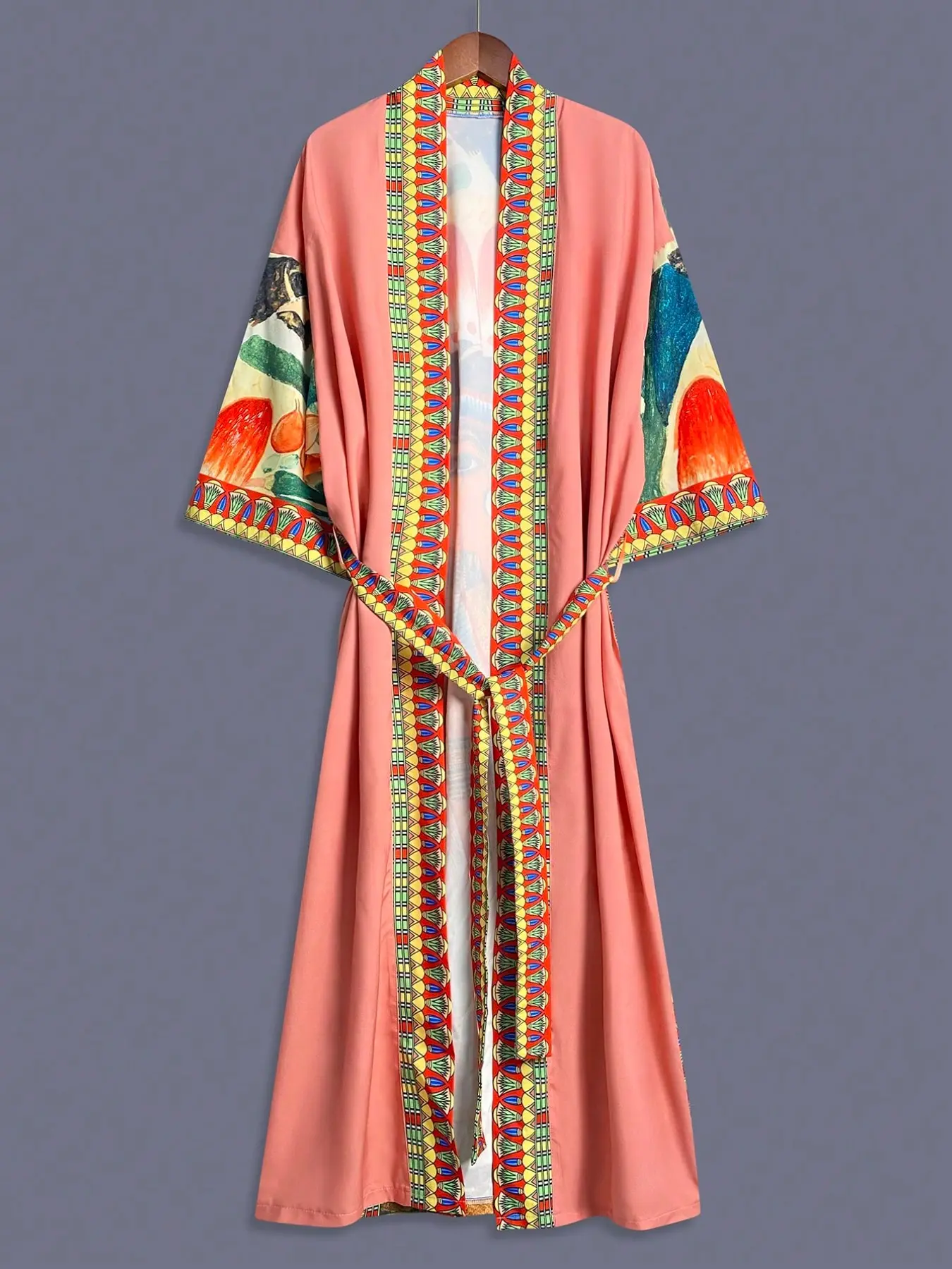 Boho Vintage Print Belted Loose Fashion Kimono Cardigan, Long Sleeve Thin Lightweight Coat for Men and Women, Ethnic Beach Vacation Streetwear