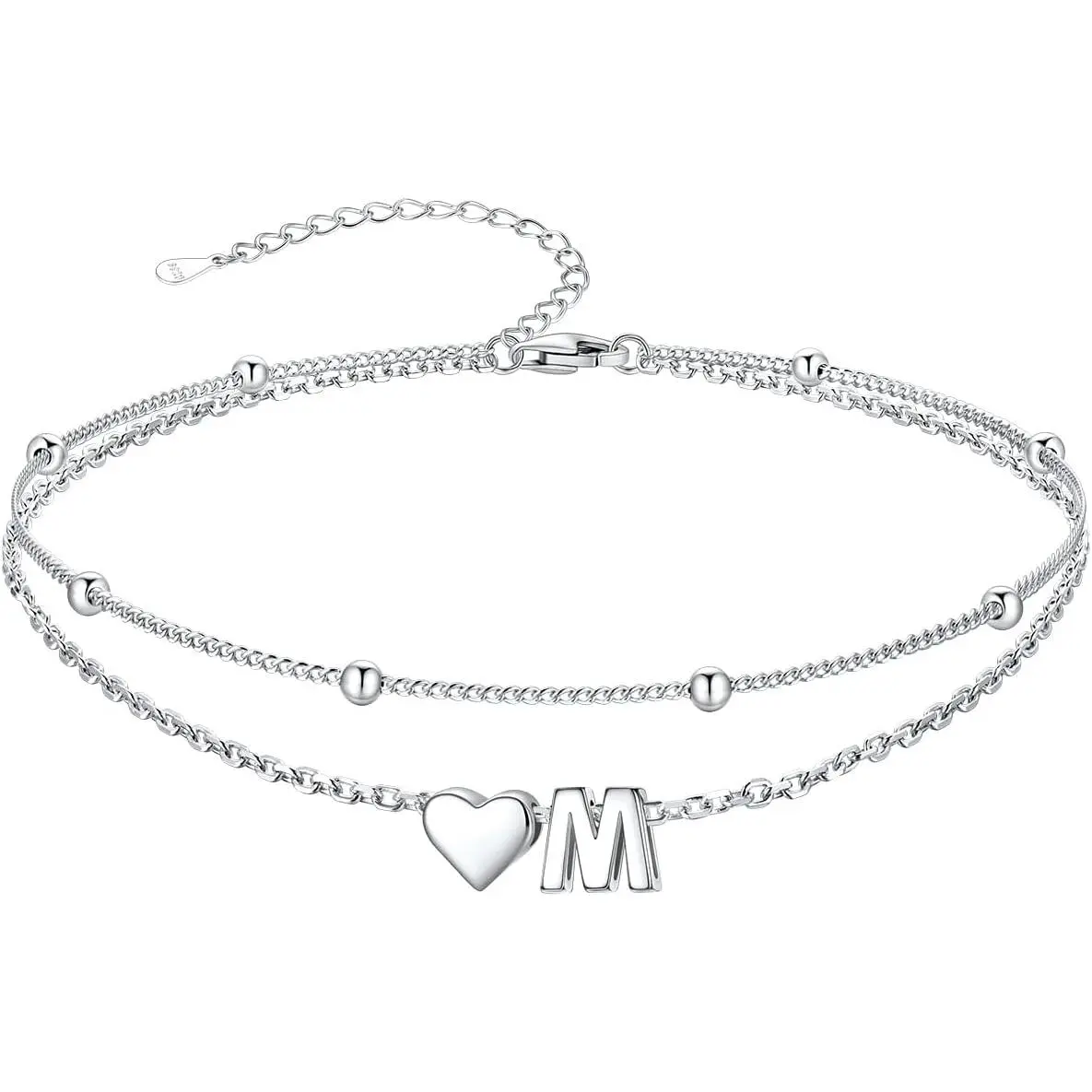 Women's Sterling Silver Adjustable Layered Anklets for Adults - Waterproof, Initial Heart, Personalized Name Design, Summer Beach Fashion Foot Jewelry with Gift Package
