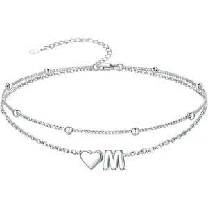 Silver Anklets for Women, Waterproof Initial Heart Ankle Bracelets Sterling Silver, Adjustable Layered Foot Jewelry Summer Beach Fashion with Personalized Name Design, Gift Package