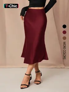 Women's Elegant Fashion Solid Color Satin Fitted Skirt, Stylish Chic Half-Sleeve Design, Perfect for Everyday, Casual & Formal Occasions, Womenswear