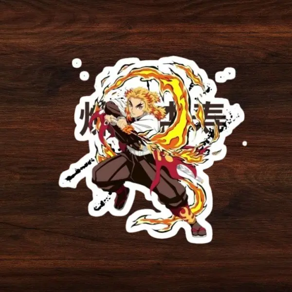 Fiery Flame Warrior Rengoku Anime Sticker, Bold Demon Design Decal for Laptop, Phone, Water Bottle, Cool Anime Aesthetic Merch Gift for Fans, Collectible Art Accessory