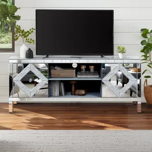 Mirrored TV Stand for 65+ inch TV with Storage Cabinet Silver Entertainment Center Table for Living Room