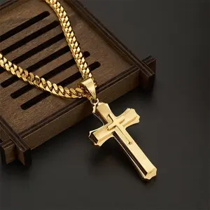 Cross Necklace for Men Boys Pendant Necklace Stainless Steel Double Cross Necklace with 24 inches Cuban Link Chain, Gold