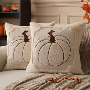 Fall Pillow Covers 18x18 Set of 2 Fall Beige Pumpkin Embroidery Throw Pillow Covers Soft Plush Faux Fur Cushion Covers  Sofa Bedroom Living Room Autumn Thanksgiving Home Decor PT-010A18