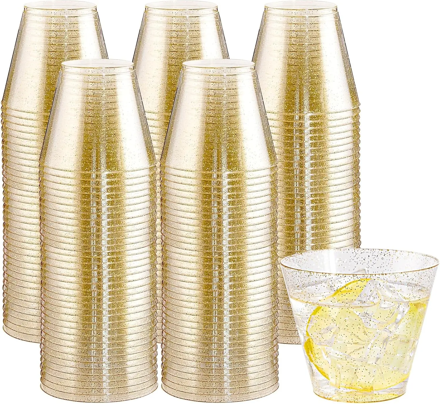 9oz High-Quality Plastic Disposable Cups - 100-Count Gold Glitter Tableware Set, Individual Packs for Party Drinks, Weddings, Birthday (9.0 fl. oz. & Above), Adults