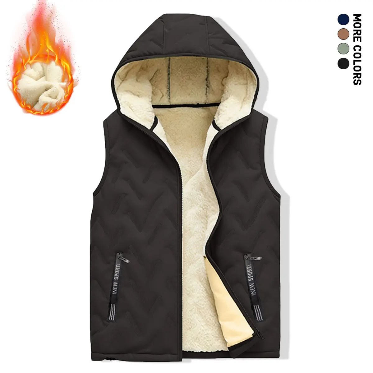 Men’s hooded fleece vest, fleece lining for warmth, suitable for outdoor sports and casual wear; men’s vest jacket, menswear
