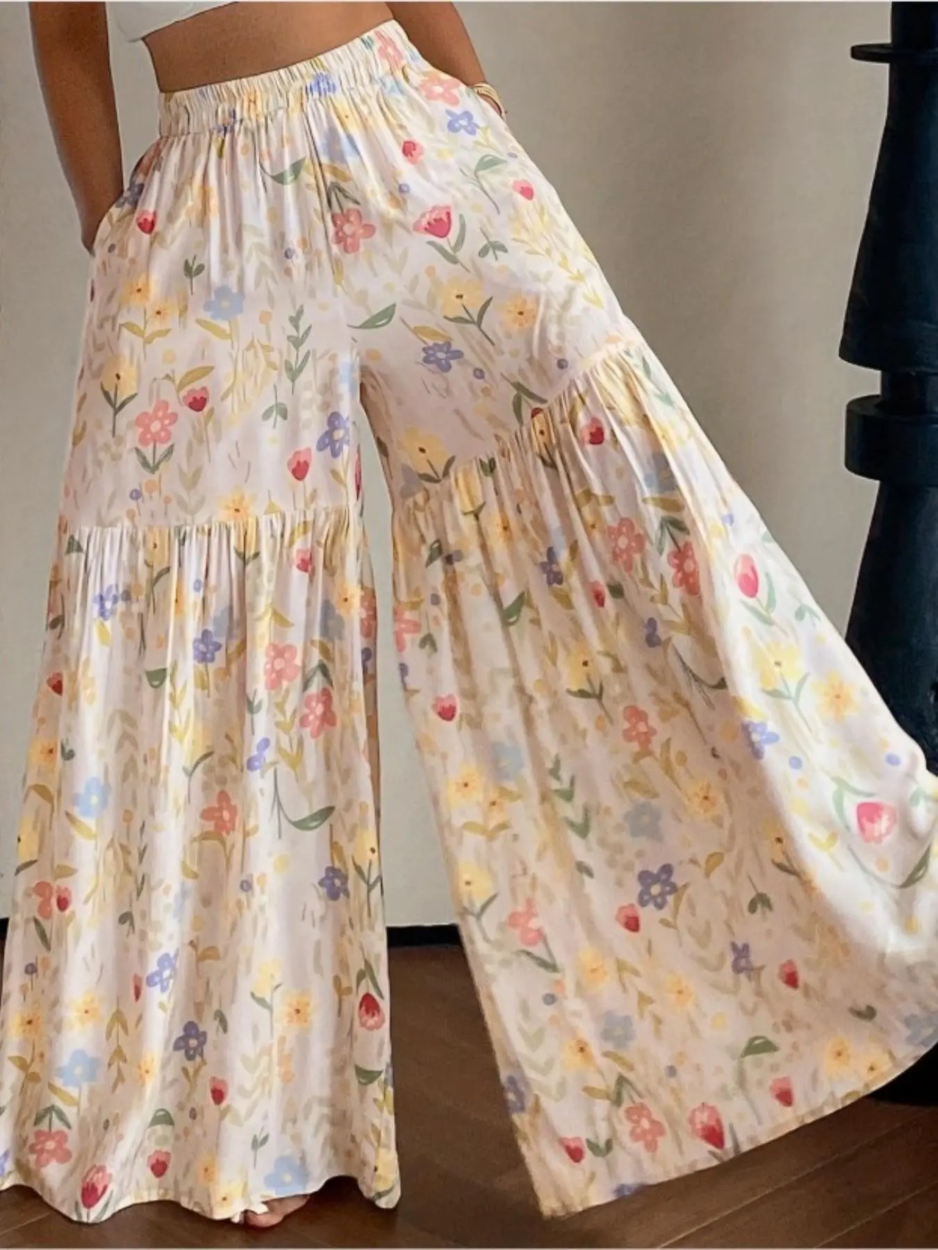 French Floral Print Patchwork Wide Leg Loose Pockets Pants for Women, High Waist Elastic Waist Flowy Floor-Length Pants, Summer Vacation Casual Long Pants, Fit