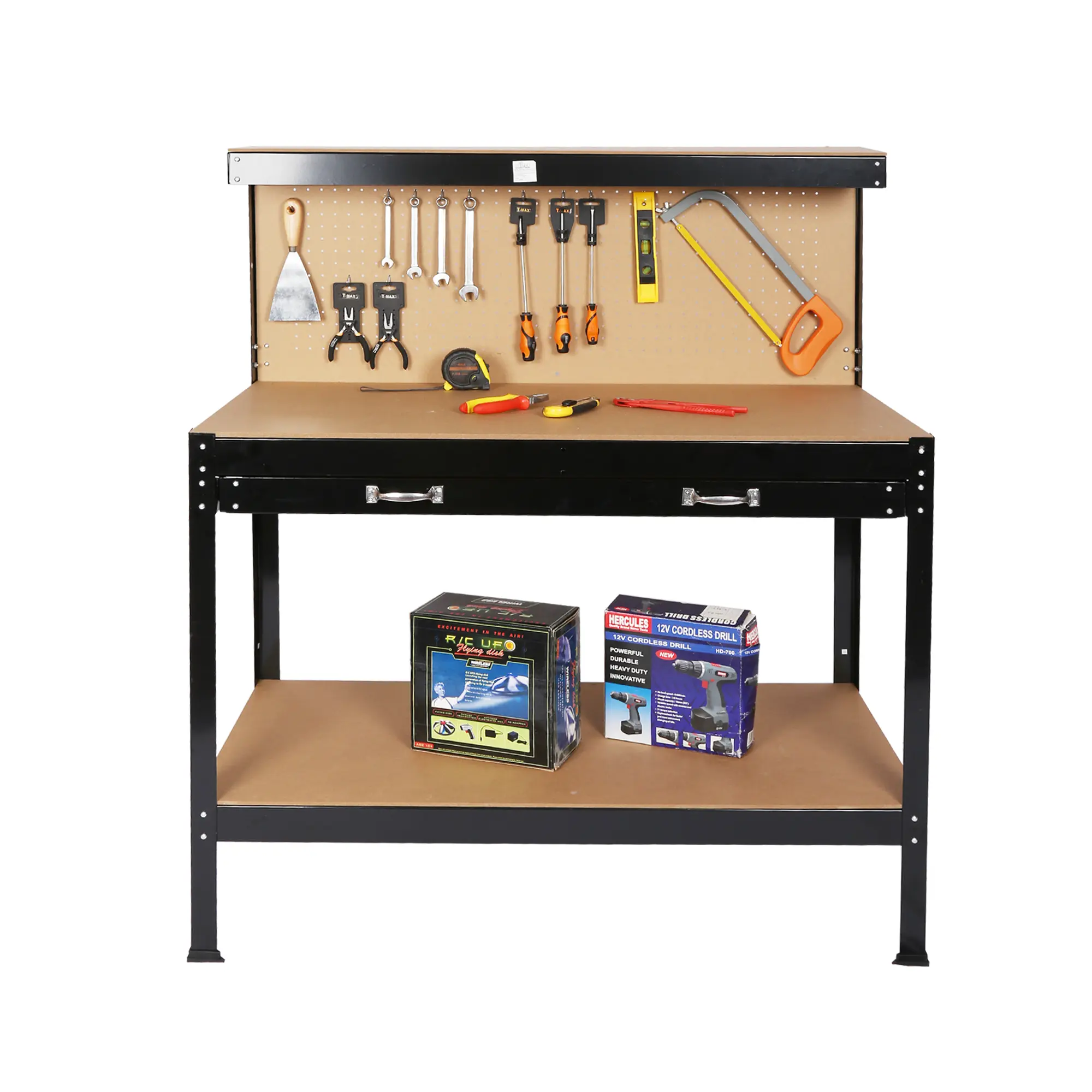 Commercial Business Woodworking Bench - 115cm HDMW Model with Back Pegboard, 2-Handle Drawer, Steel Frame, MDF Top, 300lbs Capacity, Rustproof Coating, Simple Assembly & Instructions for Garage Use (High-Quality Craftsmanship)