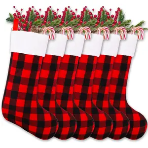 6 Pack 22 Inches Christmas Stockings, Xmas Large Black Red Buffalo Plaid Hanging Stockings Decorations for Christmas Tree Fireplace Family Holiday Party Decor