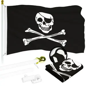 G128 Combo Pack: 5 Ft Tangle Free Aluminum Spinning Flagpole (White) & Pirate Jolly Roger Bones Flag 2x3 Ft, ToughWeave Series Embroidered 300D Polyester | Pole with Flag Included