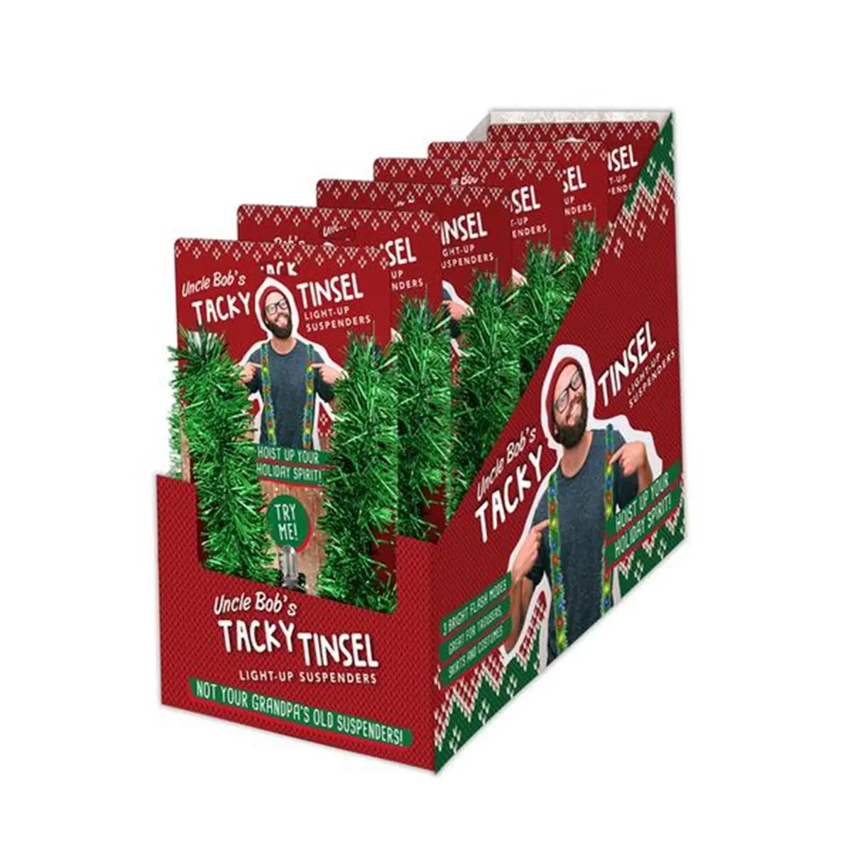 212 MAIN Uncle Bobs Unisex Colored LED Christmas Decor Light Decorations - 24-Pack Adjustable Light-Up Tinsel Garland Suspenders with Metal Clips