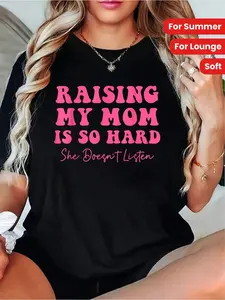 Plus Size - Plus Size - Interesting "Raising Mom Is Hard, She'S Unruly" Graphic T-Shirt| Black With Red Letters, Soft Short Sleeve, Casual Style, Machine Washable, Comfortable For All Seasons, Pure, Plus Size Women'S Short Sleeve T-Shirt