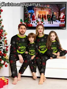 2 Piece Christmas Family Pajamas Set, Striped Letter Print Top & Snowflake Pants, Casual Fitted Long Sleeve Sleepwear for All Seasons