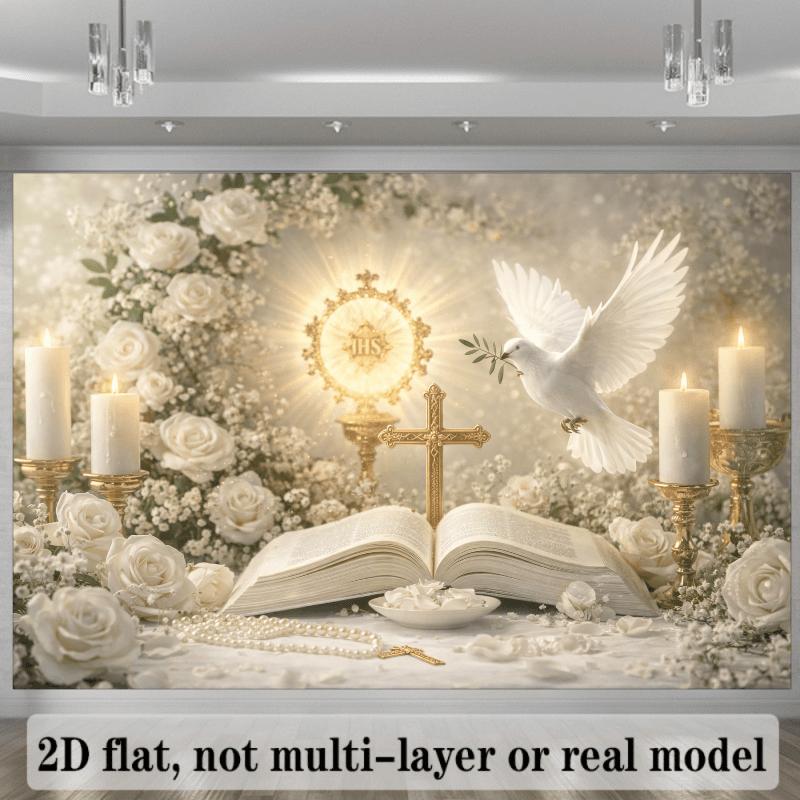 2D Flat, 2D Flat Opened Bible Theme Backdrop, Golden Holy Communion Light, Flying White Dove, Lit White Candle, Opened Bible, Golden, White Rose Bouquet, Scattered Petals, White Lace Tablecloth, Golden Candlest