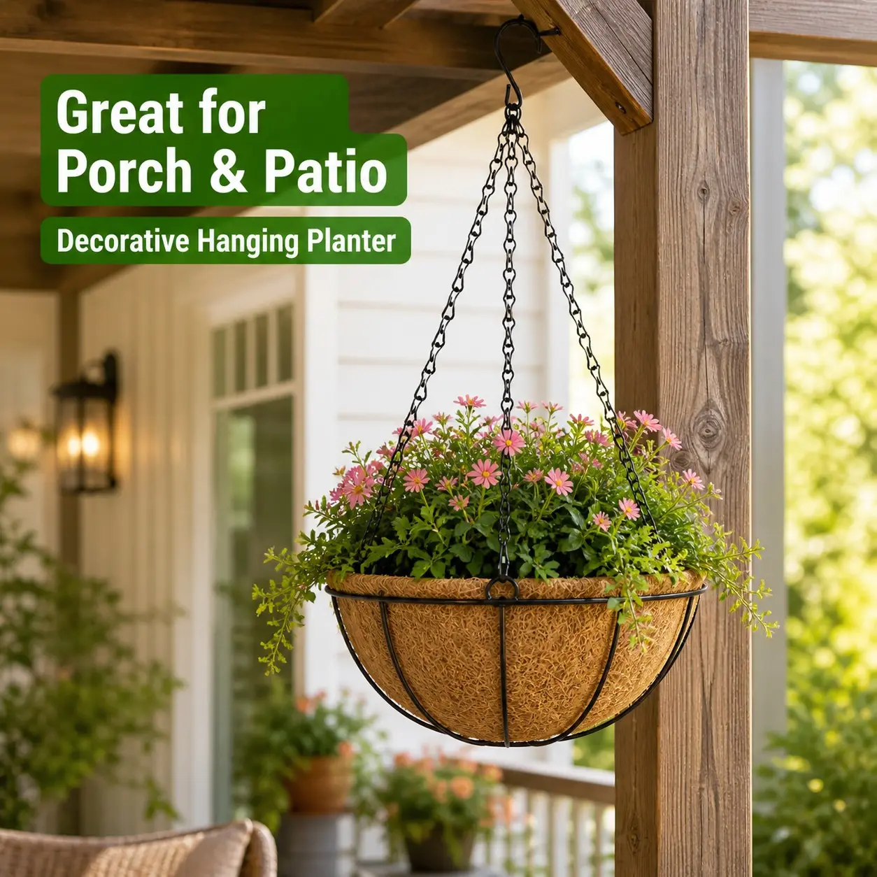 12-Inch Hanging Coconut Fiber Flower Basket, Includes Inner Lining and Chain, Ideal for Balcony, Patio, Porch, Garden Decor, Hanging Planters, Hanging Flower Pots