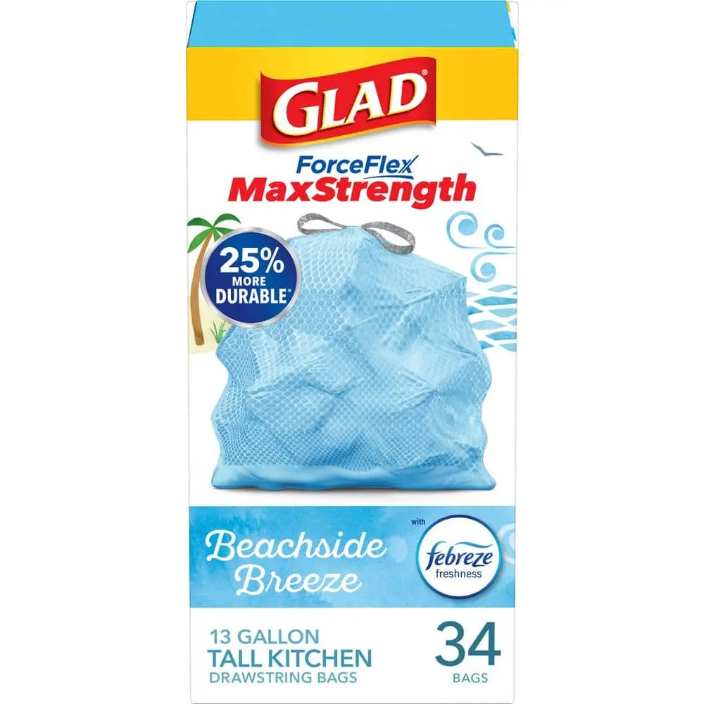 13 Gal. Tall Kitchen Drawstring Beachside Breeze Scent with Febreze Blue Trash Bags (34-Count)