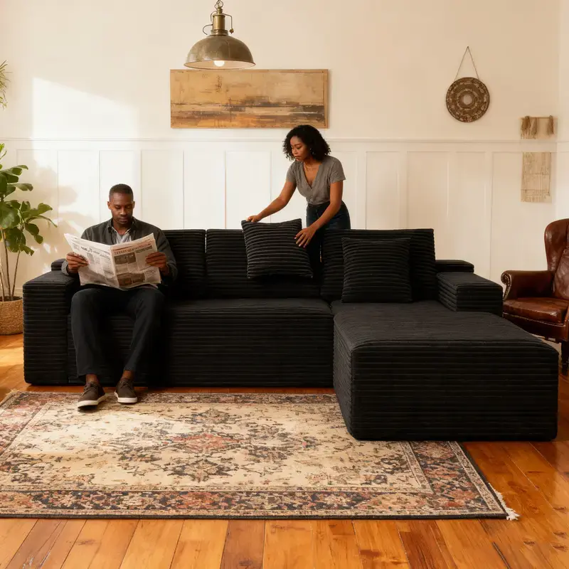 [Memorial Day Gift] 104" Black Plush Corduroy Lazy Cloud Frameless Modular Sofa Set - No-Assembly L-Shaped Sectional Couch with Chaise, Flexible Configuration for Living Room, Modern Upholstered Indoor Furniture