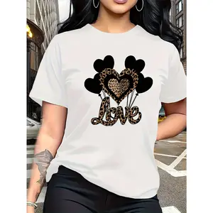 Womens Leopard Heart Love Balloon Graphic Short Sleeve T Shirt Cute Casual Crewneck Tee Soft Lightweight Streetwear Top for Valentines Day