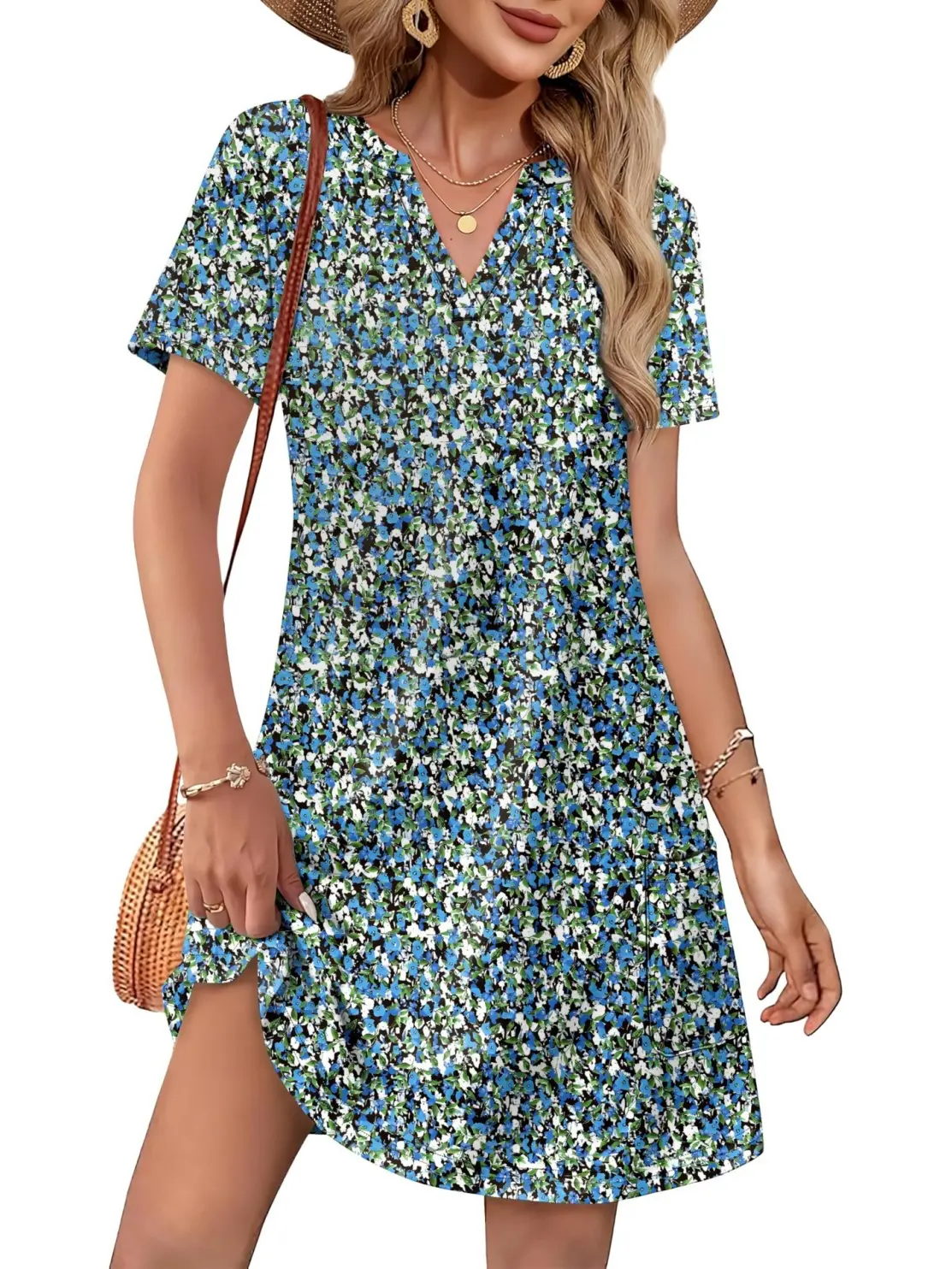 Women's Summer Casual V-Neck T-Shirt Dress with Pockets | Boho Floral Mini Sundress