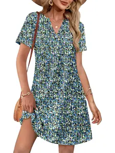 Women's Summer Casual V-Neck T-Shirt Dress with Pockets | Boho Floral Mini Sundress
