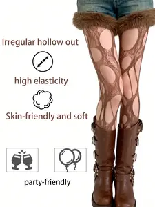 Coffee Fishnet Tight Pants, Asymmetrical Hole Pattern Long Socks, Split Design Slit Women's High Elasticity Anti-Pilling