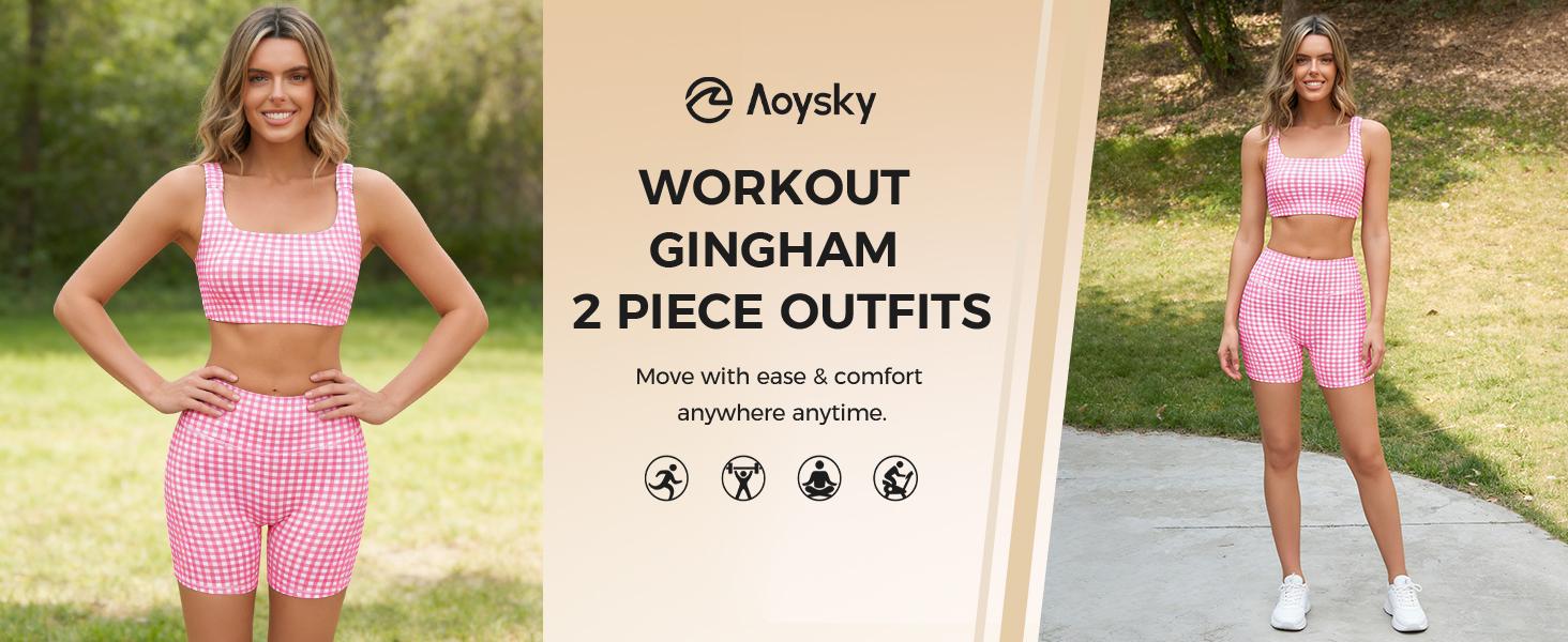 Aoysky Womens Workout Gingham 2 Piece Outfits Padded Open Back Crop Tank High Waist Seamless Sports Shorts Sets Casual Yoga Matching Sets S-XXL