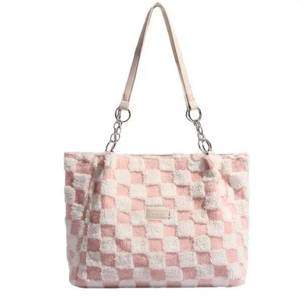 Women's 2026 Fall-Winter New Blush Pink Checkered Crossbody Bag - Plush Fabric, Multi-Compartment, Slip-On Closure, Commute-Friendly Purse