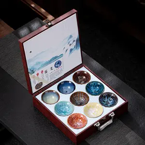 9pcs Tea Cup Set 80-110ml---Kiln Change Tea Cup Set Ceramic Tasting Cup JianZhan Master Cup Tea Bowl Tea Bowl Household KungFu Tea Set Gift Box