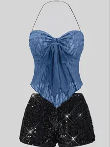 Summer Pure Desire Sexy Halter Fish Scale Sequins Shorts Set, Women's Fashion Casual, Perfect for Party & Daily Wear
