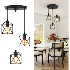 3 Light Pendant Lighting Farmhouse Hanging Light Fixture for Kitchen Island & Dining Room Industrial Vintage Ceiling Lamp with E26 Base Adjustable Height Matte Black