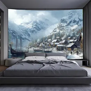 1pc, 2D banner, Nordic Viking Village and Snow White Fjord, suitable for living room, bedroom, office decoration, and party setup, home decor backdrop fabric