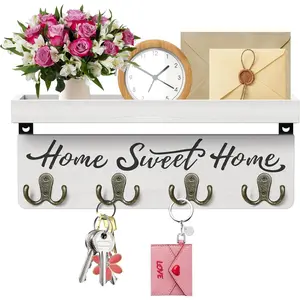 Wall-Mounted Key and Mail Holder, Wooden Key Rack with 4 Double Key Hooks, Rustic Home Decor for Entryway(White) Metal Shelves Decorative Farmhouse