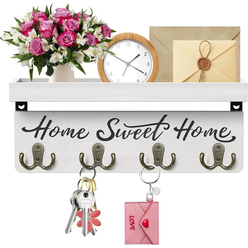 Wall-Mounted Key and Mail Holder, Wooden Key Rack with 4 Double Key Hooks, Rustic Home Decor for Entryway(White) Metal Shelves Decorative Farmhouse