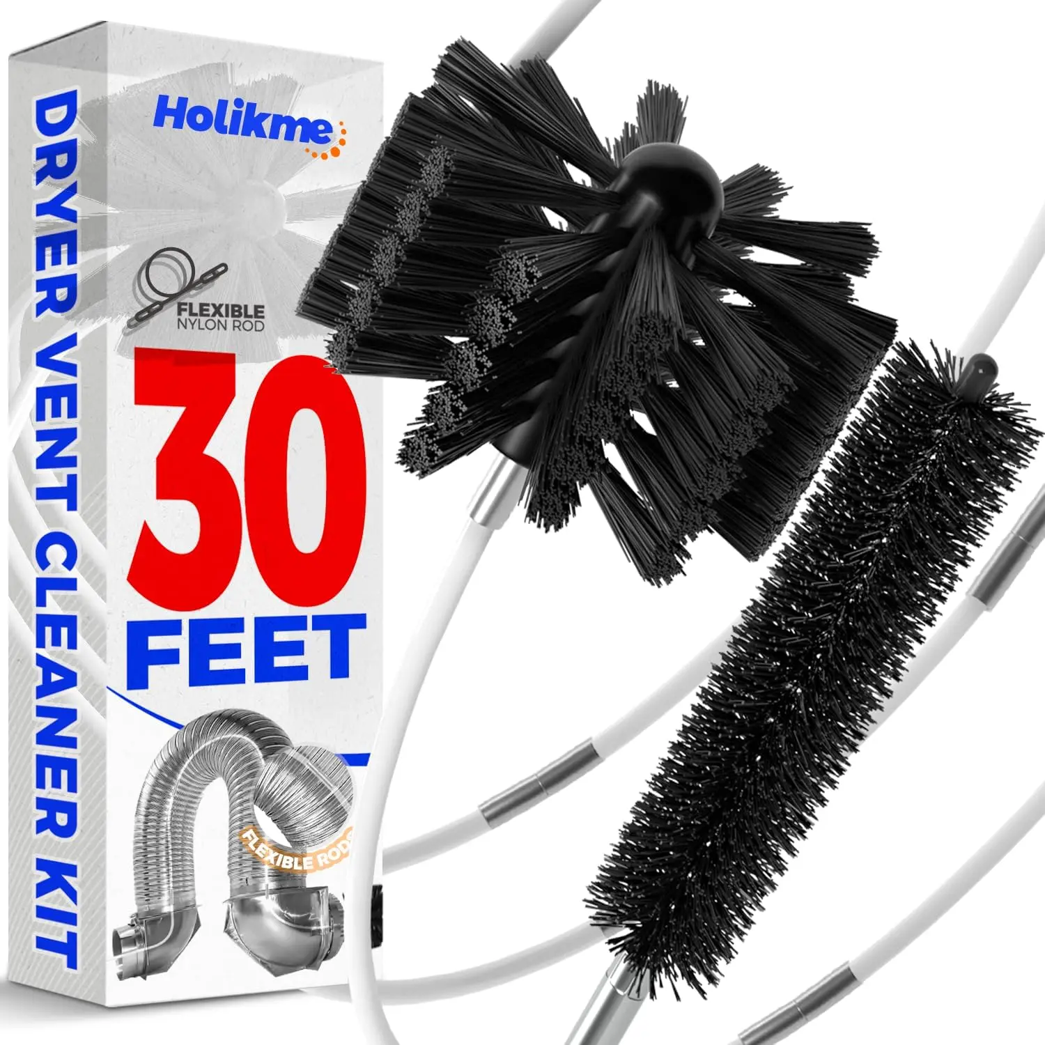 Holikme 30 Feet Dryer Vent Cleaner Kit, Flexible Lint Brush with Drill Attachment, Fireplace Chimney Brushes Extends up to 30 Feet for Easy Cleaning, Use with or without a Power Drill Holikme