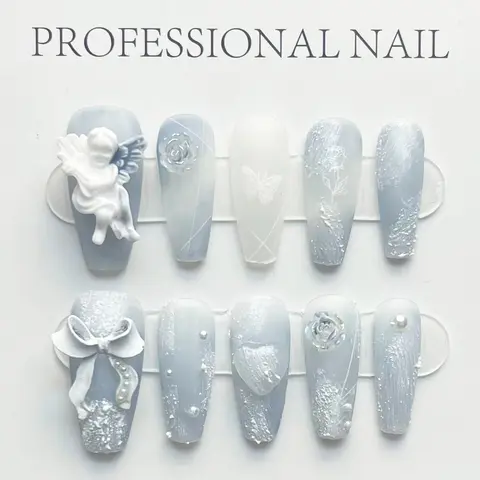 Women's Handmade Short Press On Nail Sets - 10pcs Coffin-Shaped 3D Designed Acrylic Fake Nails, Short Press On Nails