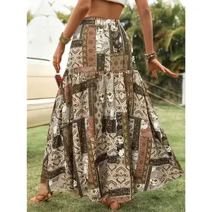Bohemian Style Patchwork Printed Skirt With Ruffle Hem| Elegant Long Length, Regular Fit, All Season