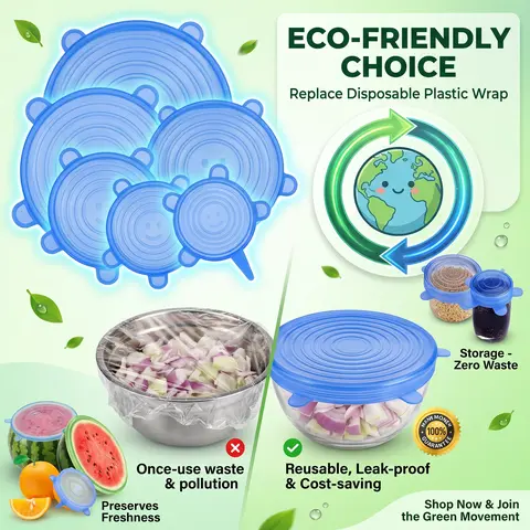 Universal Stretchable Reusable Silicone Lids – 6-Pack Self-Sealing Food Covers for Various Container Sizes Elastic Bowls Airtight Kitchen Plastic Smooth Spice Stainless Utensils Self-Sealing Airtight Round Lids for Varied Capacity Containers, Everyday Use