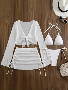 Women's 4-Piece Swimsuit Set, Plain Off-Shoulder Bikini, Transparent Mesh Skirt, High Elastic Fabric, Swimming Belt Detail, Beach Bikini, Swimsuit Style Bikini